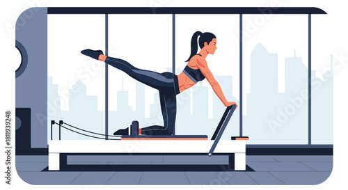 Flat vector woman doing pilates reformer workout in clean studio. Ideal for pilates centers, rehab fitness, wellness content, and body-strengthening illustrations
