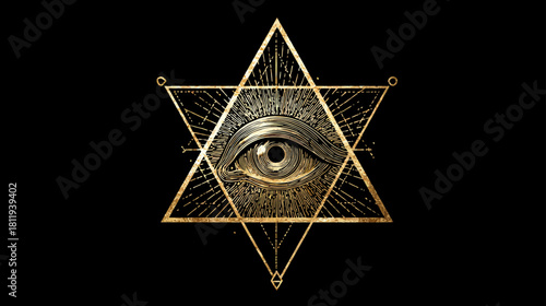 Mystical Golden Eye within Triangle and Hexagram Geometric Symbol on Black Background. Esoteric Spirituality Concept