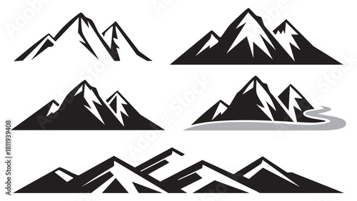 Stylized black and white mountain silhouettes in various shapes and sizes
