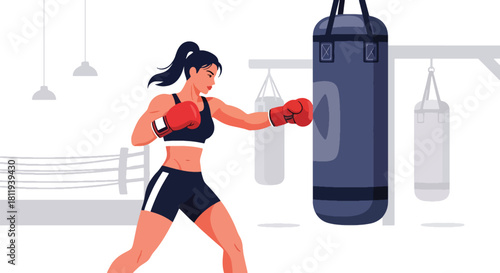 Flat vector athletic woman boxing with punching bag in powerful stance. Ideal for boxing gyms, fitness promotions, martial training content, and motivational visuals