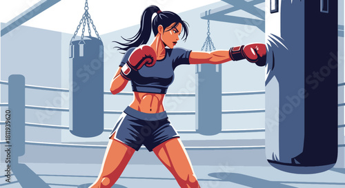 Flat vector athletic woman boxing with punching bag in powerful stance. Ideal for boxing gyms, fitness promotions, martial training content, and motivational visuals