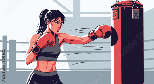 Flat vector athletic woman boxing with punching bag in powerful stance. Ideal for boxing gyms, fitness promotions, martial training content, and motivational visuals