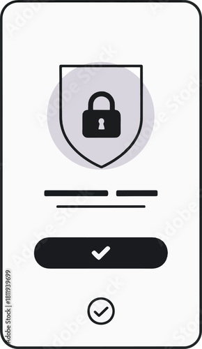 Minimalist EPS 10 vector illustration of a mobile security login interface with lock icon and check mark, symbolizing protection, privacy, and authentication for apps or websites.