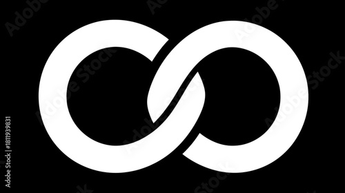 White infinity symbol icon on a solid black background, representing endless possibilities, continuity, eternity, and limitless potential.
