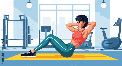 Flat vector woman doing core training on mat with strong posture. Ideal for workout tutorials, gym programs, fitness branding, and healthy lifestyle visuals
