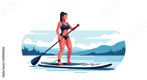 Flat vector sporty woman paddleboarding on calm lake with balanced stance. Ideal for outdoor fitness ads, summer activity visuals, and healthy lifestyle design