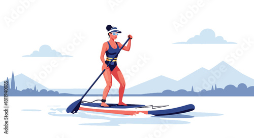 Flat vector sporty woman paddleboarding on calm lake with balanced stance. Ideal for outdoor fitness ads, summer activity visuals, and healthy lifestyle design