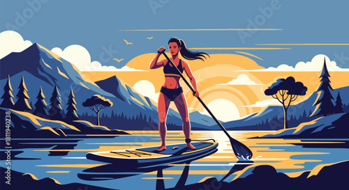Flat vector sporty woman paddleboarding on calm lake with balanced stance. Ideal for outdoor fitness ads, summer activity visuals, and healthy lifestyle design
