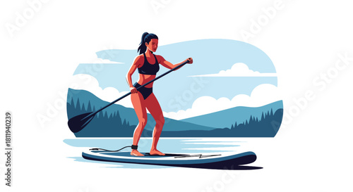 Flat vector sporty woman paddleboarding on calm lake with balanced stance. Ideal for outdoor fitness ads, summer activity visuals, and healthy lifestyle design