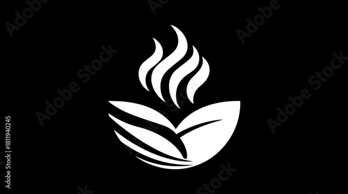 Modern abstract white icon: stylized coffee beans with rising steam on black background, symbolizing hot beverages and aroma.