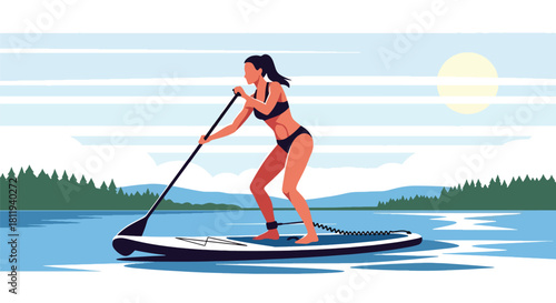 Flat vector sporty woman paddleboarding on calm lake with balanced stance. Ideal for outdoor fitness ads, summer activity visuals, and healthy lifestyle design