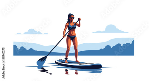 Flat vector sporty woman paddleboarding on calm lake with balanced stance. Ideal for outdoor fitness ads, summer activity visuals, and healthy lifestyle design