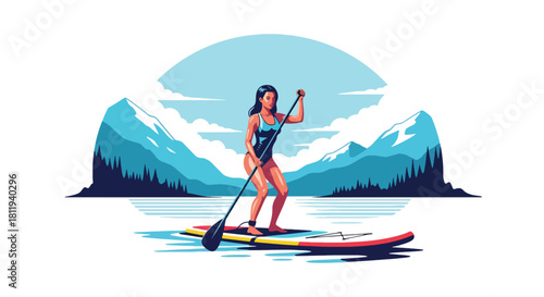 Flat vector sporty woman paddleboarding on calm lake with balanced stance. Ideal for outdoor fitness ads, summer activity visuals, and healthy lifestyle design