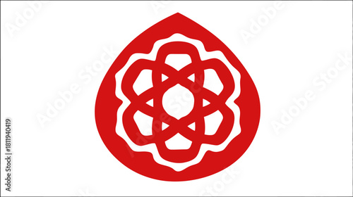 Intricate red teardrop symbol with abstract floral-inspired pattern on white background. Detailed graphic icon or emblem design.