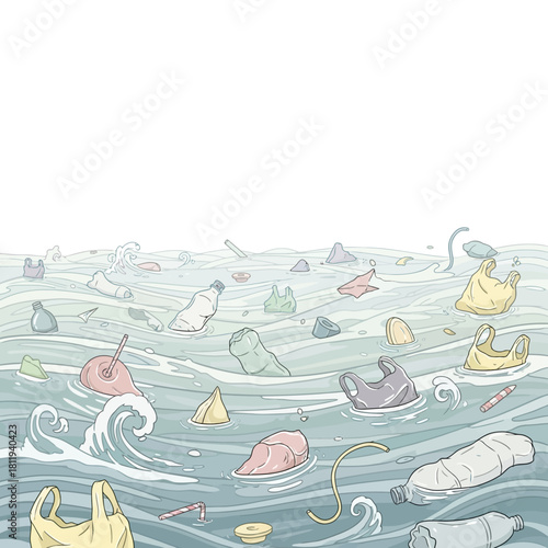 Illustrative depiction of the severe plastic pollution crisis in the ocean, showcasing discarded waste like bottles, bags, and debris floating on the water's surface, highlighting environmental impact