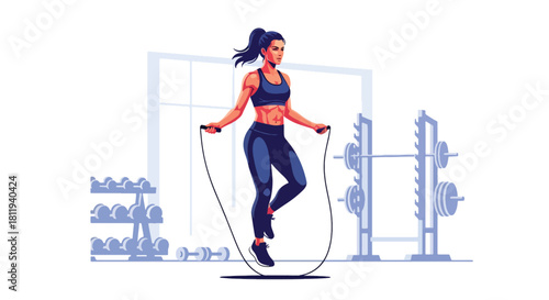 Flat vector woman doing jump-rope cardio in fitness zone with dynamic movement lines. Ideal for training routines, workout apps, fitness campaigns, and gym illustrations