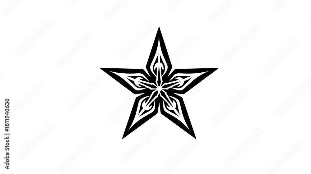 Obraz premium Intricate Stylized Five-Pointed Star Graphic Design. Abstract Black and White Decorative Emblem for Modern Art, Tattoo, or Symbolism
