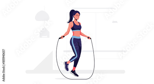 Flat vector woman doing jump-rope cardio in fitness zone with dynamic movement lines. Ideal for training routines, workout apps, fitness campaigns, and gym illustrations