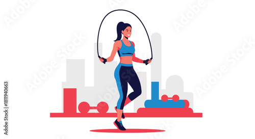 Flat vector woman doing jump-rope cardio in fitness zone with dynamic movement lines. Ideal for training routines, workout apps, fitness campaigns, and gym illustrations