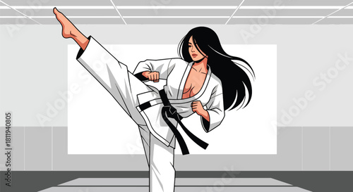 Flat vector strong woman performing martial arts kick in clean dojo. Ideal for self-defense schools, martial arts branding, sports education, and motivation visuals