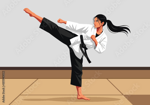 Flat vector strong woman performing martial arts kick in clean dojo. Ideal for self-defense schools, martial arts branding, sports education, and motivation visuals