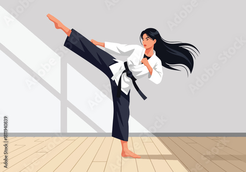Flat vector strong woman performing martial arts kick in clean dojo. Ideal for self-defense schools, martial arts branding, sports education, and motivation visuals