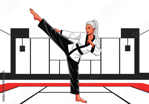 Flat vector strong woman performing martial arts kick in clean dojo. Ideal for self-defense schools, martial arts branding, sports education, and motivation visuals