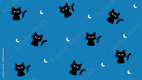 Cute black cat pattern with small crescent moons on bright blue background in playful seamless cartoon style illustration