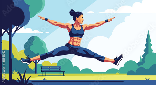 Flat vector woman performing energetic jump stretch during outdoor workout. Ideal for fitness promotions, exercise apps, healthy lifestyle visuals, and motivational design