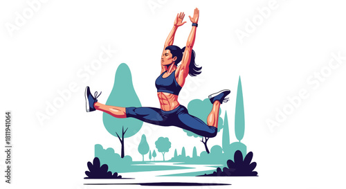 Flat vector woman performing energetic jump stretch during outdoor workout. Ideal for fitness promotions, exercise apps, healthy lifestyle visuals, and motivational design