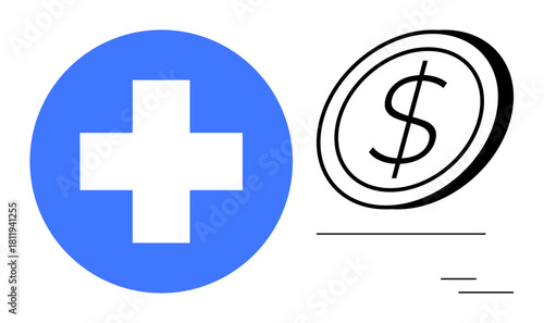 Blue medical cross and dollar coin emphasize healthcare costs, medical insurance, and expense management. Ideal for finance, healthcare, insurance, economy, budgeting, investment concepts simple