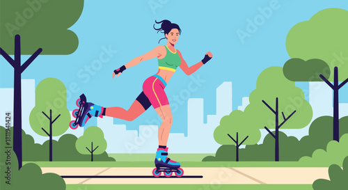Flat vector woman rollerblading on park path with dynamic movement. Ideal for outdoor fitness themes, active lifestyle designs, and healthy recreation content