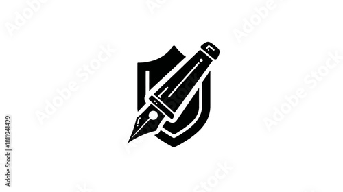 Creative content protection icon with shield and fountain pen, representing intellectual property security and authorship rights
