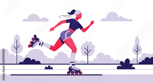 Flat vector woman rollerblading on park path with dynamic movement. Ideal for outdoor fitness themes, active lifestyle designs, and healthy recreation content