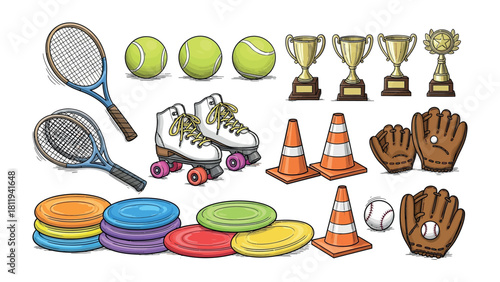 Sports and Recreation Assortment: A vibrant collection of sports equipment and accessories, showcasing the diverse tools and items for recreation, exercise, and competition.