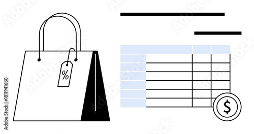 Shopping bag with a discount tag next to a spreadsheet and dollar coin. Ideal for retail, ecommerce, analytics, shopping trends, budgeting, financial planning, sales reports, simple flat metaphor