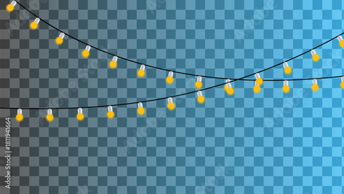 Decorative string of yellow light bulbs against blue gradient