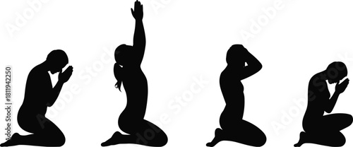 Set of four black silhouettes showing a woman kneeling in prayer, raising hands in worship, and feeling despair on white background