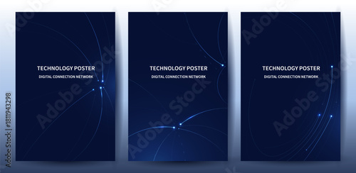 Futuristic digital blue line technology poster set, glowing lines innovation and connection network background for tech event poster or presentation product business