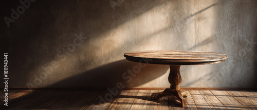 Round wooden table rustic interior soft shadow lighting warm sunlight empty room vintage style textured wall moody atmosphere hardwood floor