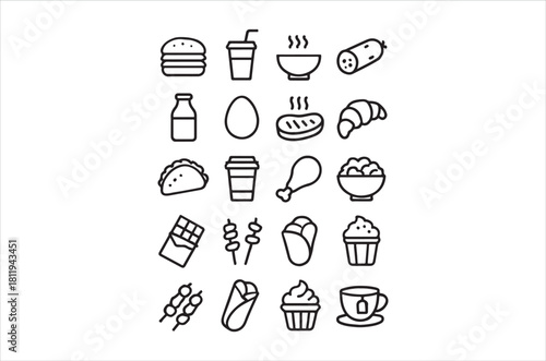 Collection of simple line icons depicting various fast food and dessert items