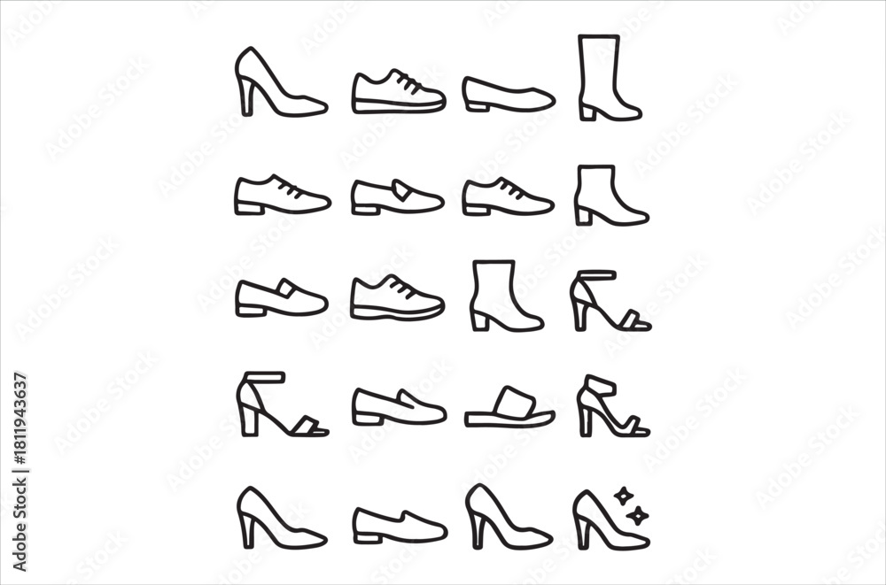 Fototapeta premium Various types of footwear depicted in simple black and white line drawings
