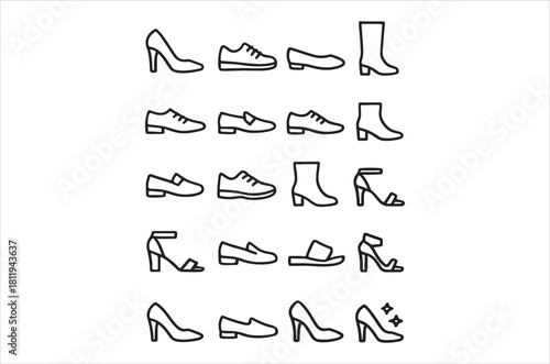 Various types of footwear depicted in simple black and white line drawings