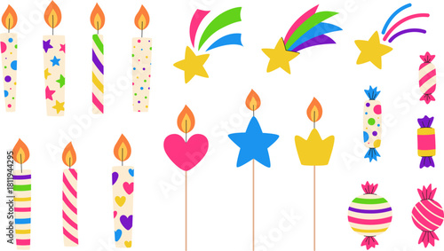 Birthday candles and elements set. Burning festive candles with patterns and on sticks for parties. Cute festive stars and candies for decorations, invitations, and greetings. Vector illustration.