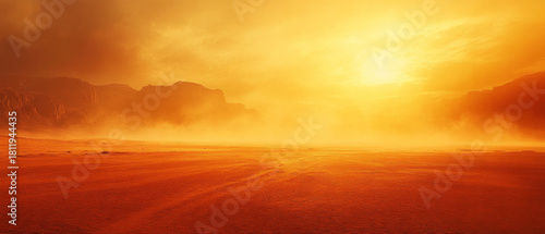 An ominous landscape with a dim sun over deserted mountains and a smoky horizon illustrates the consequences of the climate crisis, suitable for use as a backdrop in environmental campaigns 
