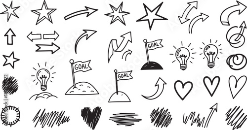Hand drawn doodle elements set with arrows stars hearts lightbulbs and goal flags.