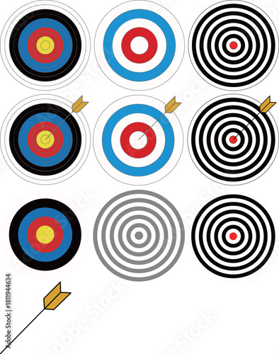 Target flat icons collection. Colored targets in different styles big set. Aim gun icons. Aim sniper shoot icons. Set of take aim target icon. Vector illustration