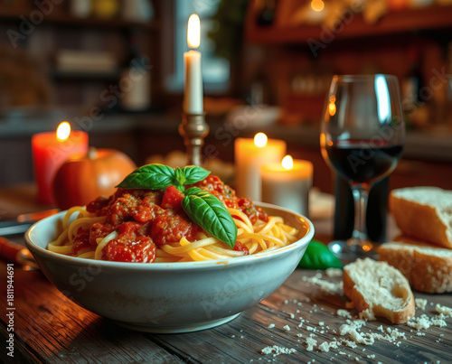 Romantic dinner with pasta and red wine in a cozy candlelit setting during a fall evening at home