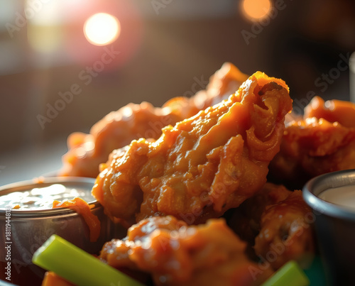Delicious spicy chicken wings served with fresh celery and dipping sauces during a cozy evening gathering