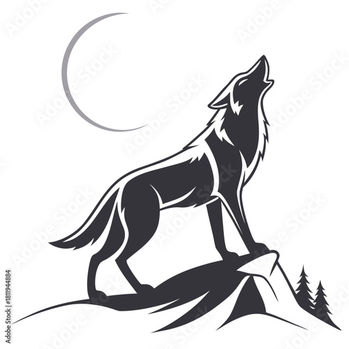 Wolf Howling at Crescent Moon on Mountain Silhouette Keywords: wolf, howling, moon, crescent
